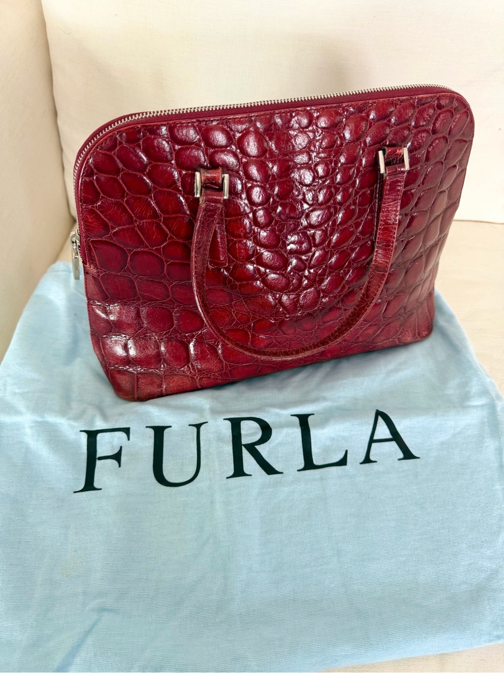 FURLA Ischia Red Cherry Croco Embossed Leather Dome Handbag Zip Top large